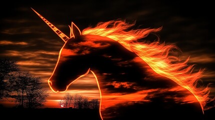 Dynamic Flaming Unicorn Head Portrait Surrounded by Sunset Silhouetted Trees in Fire