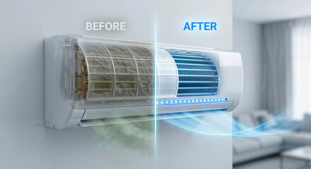 Before and after 3D illustration of air conditioner maintenance showing a dirty dusty filter versus a clean blue cooling coil for improved indoor air quality and efficiency.
