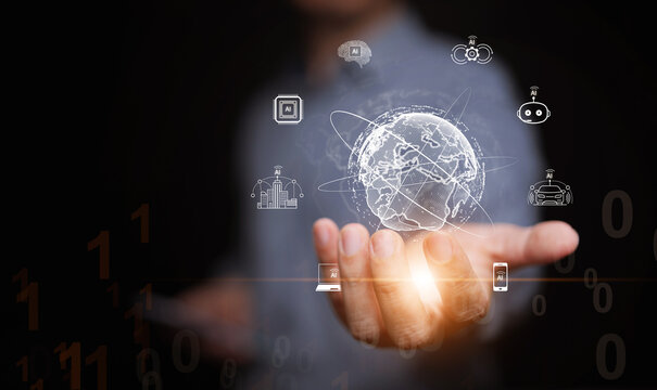 AI ecosystem transforming the world through smart cities, robotics, automation, connected devices, and future technology. A man hand holding digital globe with artificial intelligence icons.