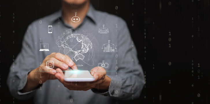 Artificial intelligence integration in mobile technology, smart applications, data flow, and global connectivity. A man using smartphone with digital globe and AI icons on binary code background. - Powered by Adobe
