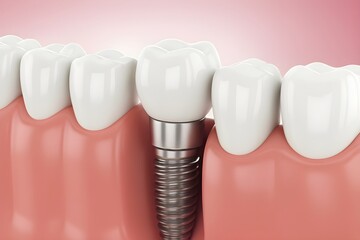 Dental implant structure in human gum, 3D render showing screw and crown, professional dentistry medical illustration.