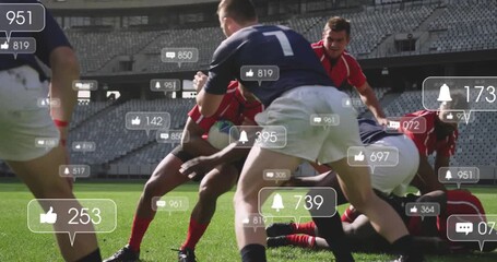Competing in rugby match, players with animation of social media icons overlaying - Powered by Adobe