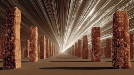 Ancient stone inscriptions represent data intelligence while forming an abstract flow through a digital landscape with beams of light.