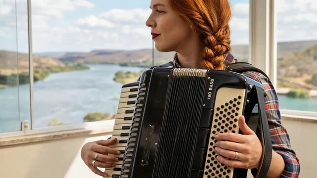 Beautiful Redheaded Woman Playing Accordion by a River Window