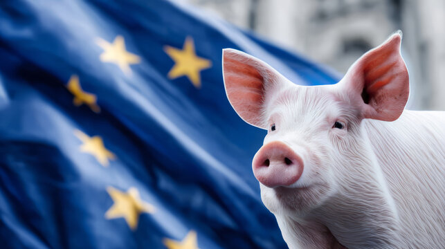 Pig in front of European Union flag symbolizing agriculture policy.