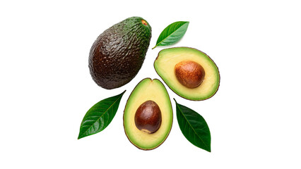Fresh avocado is shown whole and halved isolated on transparent background cut out