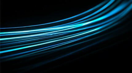 Dynamic abstract design. Curved, bright, cyan-blue glowing light streaks flow against a dark background