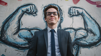 Confident businessman posing in front of strong arms graffiti wall.
