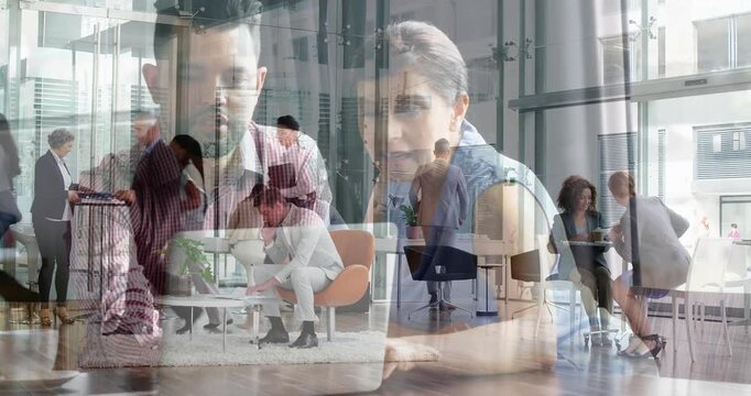 Business team reviewing documents around low coffee table in business lounge, with face overlays