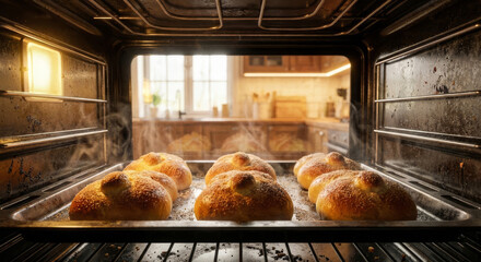 Freshly baked buns on tray inside warm oven with steam, bakery advertising or homemade food blog