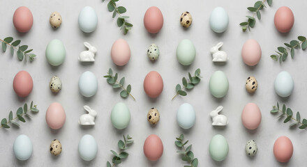 Minimalist Easter pattern with pastel eggs and ceramic bunnies on grey background, greeting card, home decor