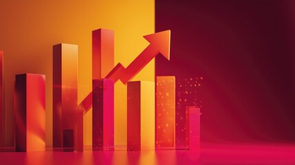 Business growth and continuous improvement visualized with a 3D bar chart featuring a prominent upward trending arrow on a vibrant background.