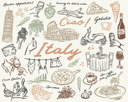 Whimsical Italy - hand drawn set of vector illustrations