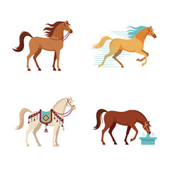 Obraz premium Set of four distinct horse illustrations, showcasing diverse breeds and activities in cartoon style