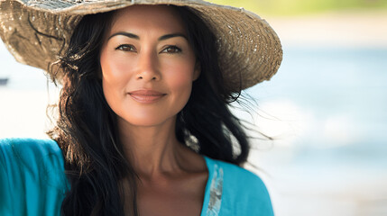 Asian woman with long dark hair, wearing a straw hat, smiles warmly while standing near the beach, showcasing a relaxed and joyful summer atmosphere with natural sunlight
