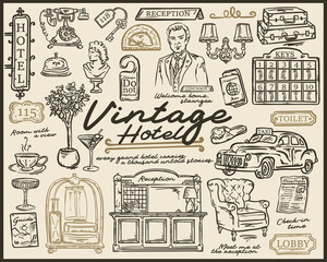 Vintage Hotel Whimsical hand drawn vector illustration set	