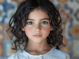 Young girl with curly hair wearing a white dress poses against a colorful patterned background, showcasing innocence and charm in a captivating portrait