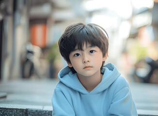 Young boy with short dark hair wearing a light blue hoodie sits on steps in a vibrant urban setting, gazing thoughtfully while surrounded by blurred city life