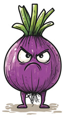 Cartoon illustration of a purple onion character with an angry expression, featuring green leaves on top, standing on a light surface, showcasing a whimsical and humorous design concept