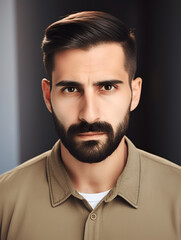 Male portrait with dark hair and beard, wearing a beige shirt, showcasing a serious expression against a softly blurred background, highlighting facial features and emotional depth