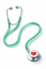 A high-angle studio shot of a teal-colored stethoscope arranged in a curved shape on a white background, featuring a small red heart icon centered on the silver chest piece.