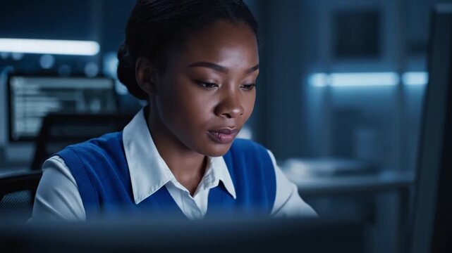 Focused African American Woman Working Late in Modern Office