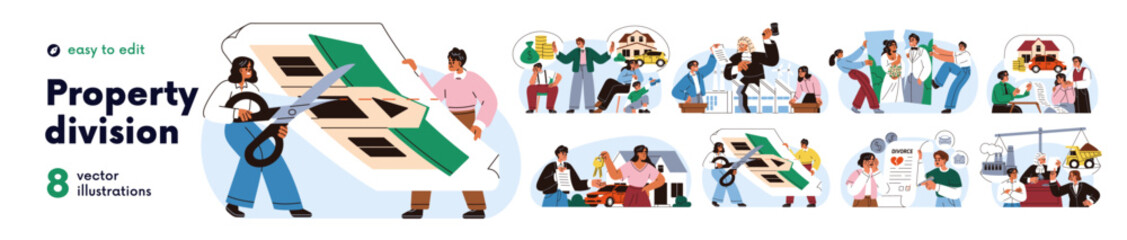 Property division concept set. Divorced couple has real estate, business conflict, divides house, money. Lawyer, court for agreement in argument. Flat vector illustration isolated on white background