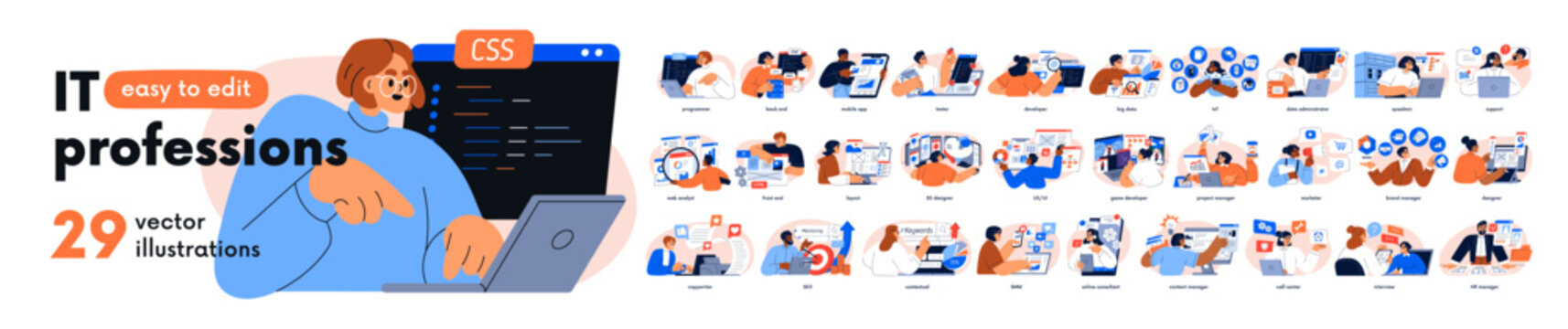 It professions, work on internet set. Software development, programming, marketing, 3d and web design. Information technology business. Flat graphic vector illustrations isolated on white background