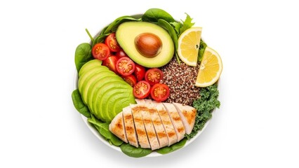 Healthy chicken salad bowl with avocado slices quinoa and fresh cherry tomatoes