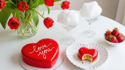 Romantic heart shaped cake and desserts with fresh flowers