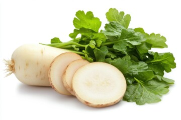 Fresh Daikon Radish with Green Leaves and Slices