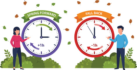 Detailed flat vector illustration of people explaining Spring Forward and Fall Back time changes with seasonal nature motifs.