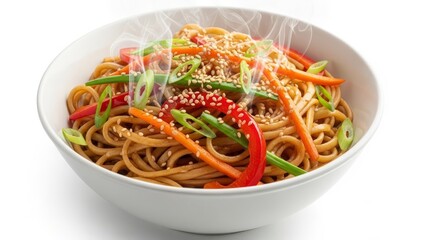 Hot steaming noodles bowl with colorful bell peppers sesame seeds and scallions