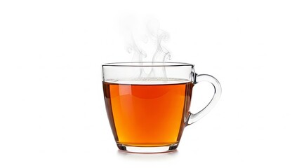 Hot black tea in glass cup with rising steam isolated on white studio backdrop
