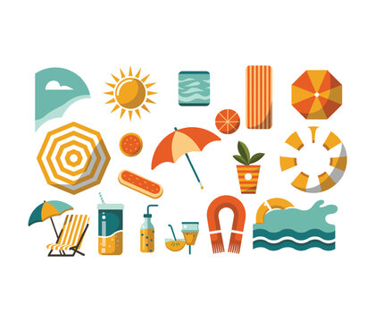 Colorful summer vacation icons including umbrella and beach items