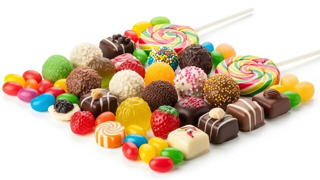 Assorted gourmet candies and chocolates collection displayed on white background