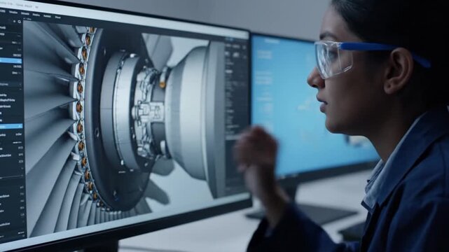 Female Aerospace Engineer Analyzing Turbine Engine 3D Design on Computer Monitor