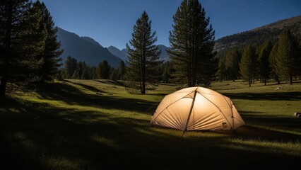 Illuminated tent camping under starry night sky in a serene mountain landscape