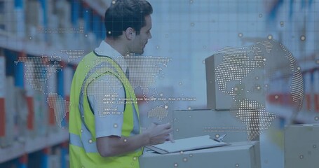 Inventory clerk grabbing clipboard and logging cartons while globe overlay tracking supply chain - Powered by Adobe