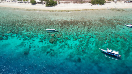 Amazing aerial view of Gili Meno coastline on a sunny day, Indonesia