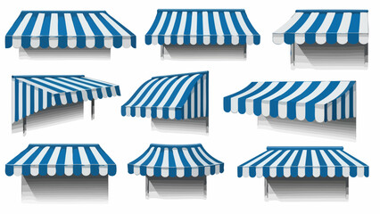 Collection of blue and white striped awnings for storefronts and windows, showcasing various designs and mounting styles. © gita