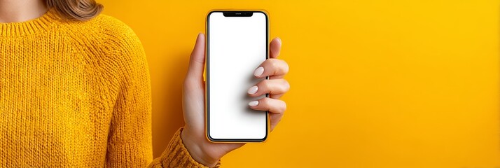 Beautiful woman holding a mobile phone with a blank screen for your creative copyspace ideas.