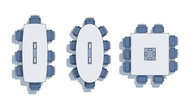 Top-down view of three different conference room table shapes: rectangular, oval, and square, each set with chairs.