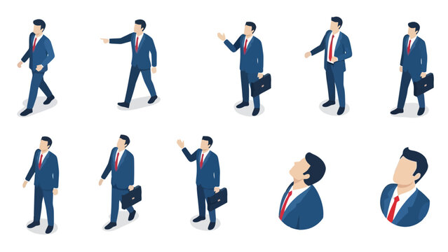 Isometric businessman character set with multiple poses and actions, suitable for presentations and infographics.