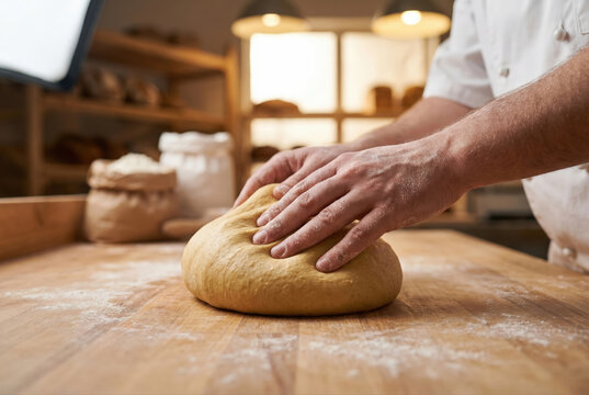 Panadero amasando masa en una panader&iacute;a artesanal
