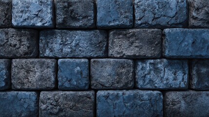 Fototapeta premium Textured Blue Brick Wall in Horizontal Pattern Showing Rough Surface with Varying Shades of Deep Blue and Black Stone and Grunge Feel Construction Material