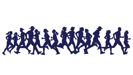 A diverse group of people of various ages and genders are depicted in silhouette, running together in a line, suggesting a communal activity or event.