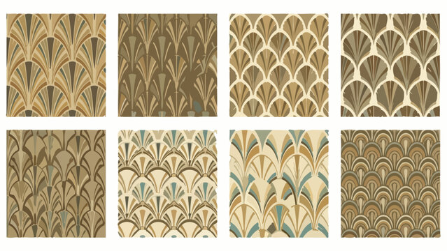 A collection of eight seamless art deco fan patterns in various shades of brown, beige, and muted blue.