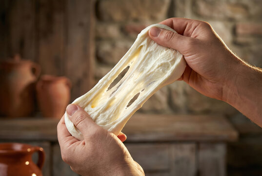 Estirando mozzarella fresca a mano en ambiente r&uacute;stico