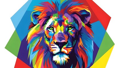 Vibrant geometric illustration of a lion's face with colorful abstract shapes